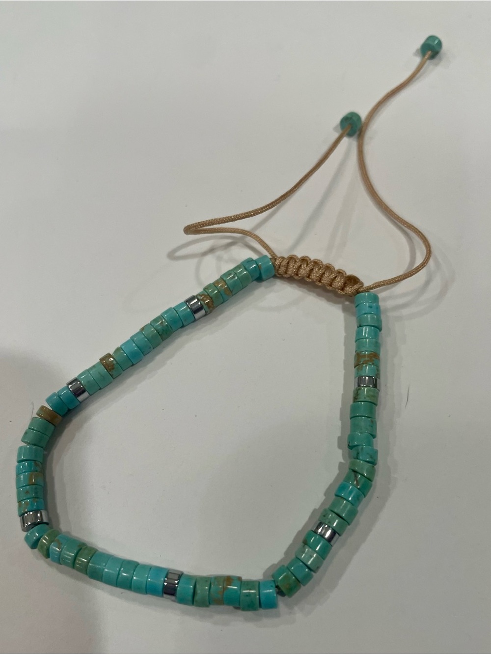 Blue Turquoise Heishi Round Stone Beaded Braided Rope Bolo Bracelet, Boho